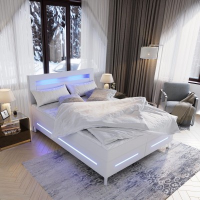 Łóżko kontynentalne BENZ z podświetleniem LED 140x200 cm - Białe, MADRYT 920 pojemnik na pościel i wygodny materac