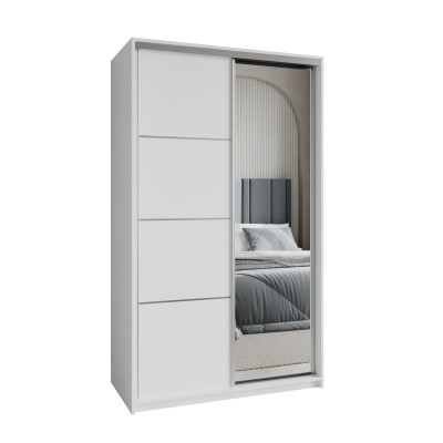 Szafa Przesuwna VARO 120 cm z Lustrem Szafa Dwudrzwiowa z Szufladami Biała / Satynowe Profile