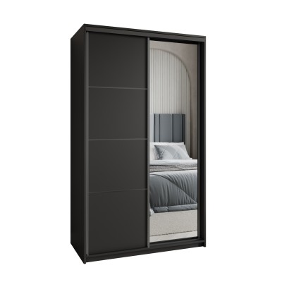 Szafa Przesuwna VARO 120 cm z Lustrem Szafa Dwudrzwiowa z Szufladami Czarna / Czarne Profile