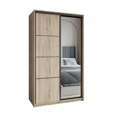 Szafa Przesuwna VARO 120 cm z Lustrem Szafa Dwudrzwiowa z Szufladami Dąb Sonoma / Czarne Profile