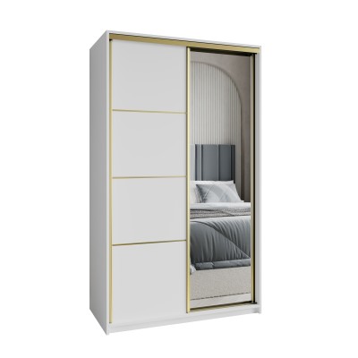 Szafa Przesuwna VARO 120 cm z Lustrem Szafa Dwudrzwiowa z Szufladami Biała / Złote Profile