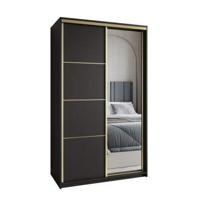 Szafa Przesuwna VARO 120 cm z Lustrem Szafa Dwudrzwiowa z Szufladami Czarna / Złote Profile