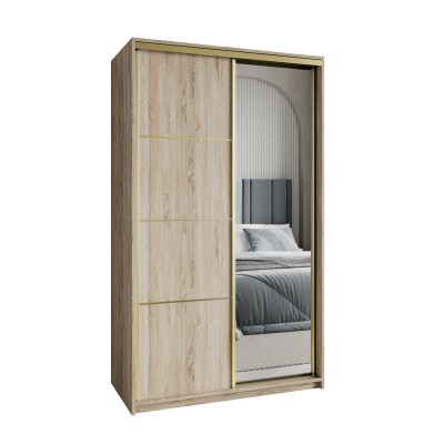 Szafa Przesuwna VARO 120 cm z Lustrem Szafa Dwudrzwiowa z Szufladami Dąb Sonoma / Złote Profile