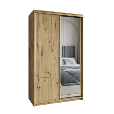 Szafa Przesuwna VARO 120 cm z Lustrem Szafa Dwudrzwiowa z Szufladami Dąb Artisan / Złote Profile