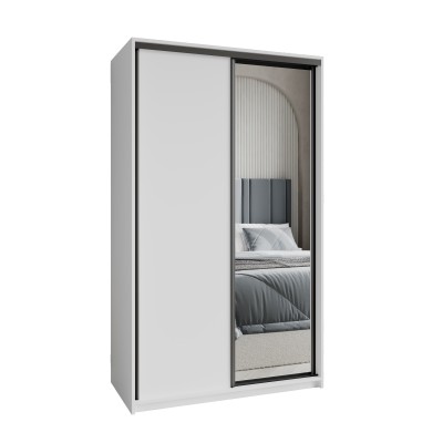 Szafa Przesuwna TAVI 120 cm z Lustrem Szafa Dwudrzwiowa z Szufladami Biała / Czarne Profile