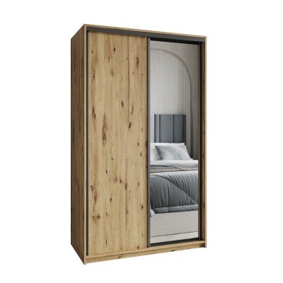 Szafa Przesuwna TAVI 120 cm z Lustrem Szafa Dwudrzwiowa z Szufladami Dąb Artisan / Czarne Profile