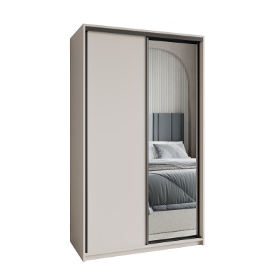 Szafa Przesuwna TAVI 120 cm z Lustrem Szafa Dwudrzwiowa z Szufladami Kaszmir / Czarne Profile