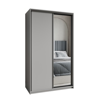 Szafa Przesuwna TAVI 120 cm z Lustrem Szafa Dwudrzwiowa z Szufladami Grafit / Czarne Profile