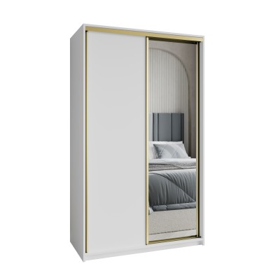 Szafa Przesuwna TAVI 120 cm z Lustrem Szafa Dwudrzwiowa z Szufladami Biała / Złote Profile