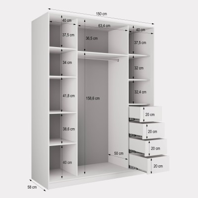 Szafa Przesuwna NATA 150 cm z Lustrem Szafa Trzydrzwiowa z Szufladami