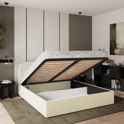 Masseno Łóżko tapicerowane BENIRA z pojemnikiem na pościel 140x200 cm - Kremowy, QUELLE 02