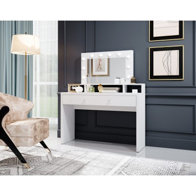 Masseno Toaletka do Sypialni ISOLA z Lustrem LED i Szufladami Nowoczesna Biurko do Makijażu Biała