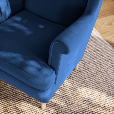 Luksusowy fotel LENTIO stylowy uszak w niebieskiej tkaninie, plusz velvet