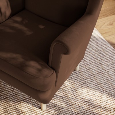 Stylowy fotel LENTIO, tapicerowany brązową tkaniną, ekskluzywny model do salonu