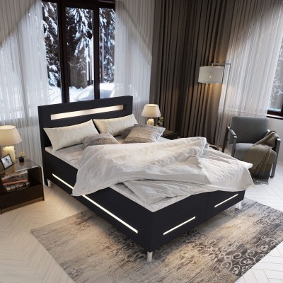 Wygodne łóżko BENZ 140X200 cm, Czarna Ekoskóra MADRYT, wyposażone w oświetlenie LED, dwuosobowe, z dużymi pojemnikami