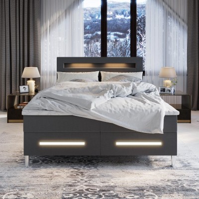 Duże podwójne łóżko BENZ 140X200 cm, Brąz MADRYT 928, zintegrowany wygodny materac, wyposażone w nowoczesne oświetlenie LED