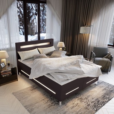 Duże podwójne łóżko BENZ 140X200 cm, Brąz MADRYT 928, zintegrowany wygodny materac, wyposażone w nowoczesne oświetlenie LED