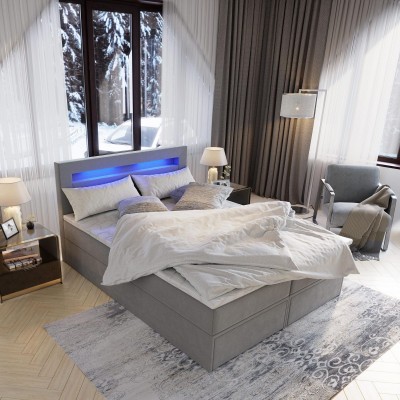 Kontynentalne łóżko LAND 140X200 cm, Brąz MADRYT 928, z podświetleniem LED, praktyczne szuflady i duży pojemnik