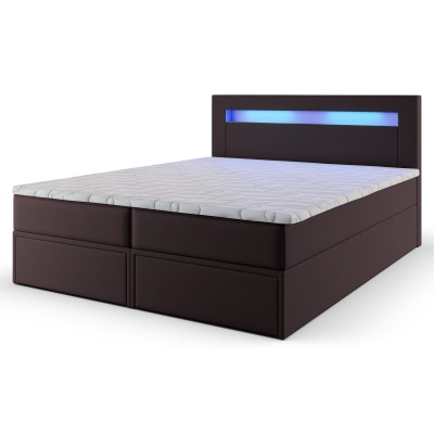 Kontynentalne łóżko LAND 140X200 cm, Brąz MADRYT 928, z podświetleniem LED, praktyczne szuflady i duży pojemnik