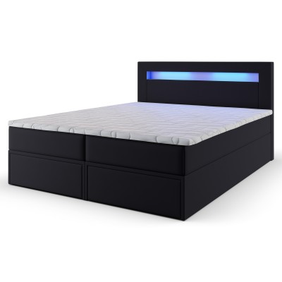 Łóżko kontynentalne LAND 140X200 cm, Czarna ekoskóra MADRYT 9100 - stylowe i nowoczesne, z podświetlanym wezgłowiem i materacem