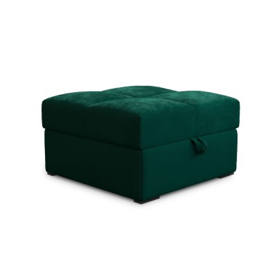 Modna PUFA MIZA tapicerowana materiałem w ponadczasowej tkaninie koloru butelkowej zieleni, wygodny podnóżek do salonu