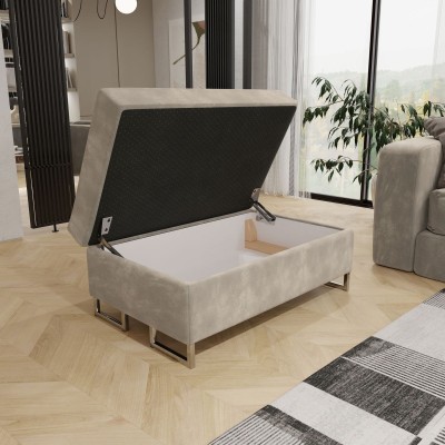 Wygodna PUFA BARLET ze sprężynami falistymi i dużym schowkiem z automatem, kremowy kolor welurowej tapicerki