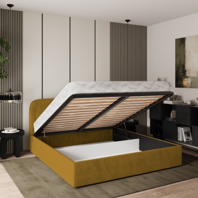 Masseno Łóżko tapicerowane BENIRA z pojemnikiem na pościel 140x200 cm - Żółty, KRONOS 01