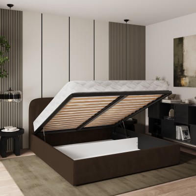 Masseno Łóżko tapicerowane BENIRA z pojemnikiem na pościel 140x200 cm - Brązowy, KRONOS 06