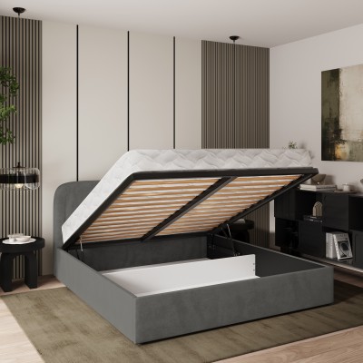 Masseno Łóżko tapicerowane BENIRA z pojemnikiem na pościel 140x200 cm - Szary, KRONOS 15