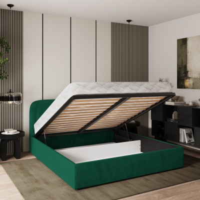 Masseno Łóżko tapicerowane BENIRA z pojemnikiem na pościel 140x200 cm - Butelkowa zieleń, KRONOS 19