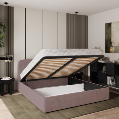 Masseno Łóżko tapicerowane BENIRA z pojemnikiem na pościel 140x200 cm - Pudrowy róż, KRONOS 27