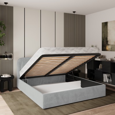 Masseno Łóżko tapicerowane BENIRA z pojemnikiem na pościel 140x200 cm - Jasnoszary, PAROS 05