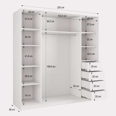 Szafa Przesuwna TARI 200 cm z Lustrem Szafa Trzydrzwiowa z Szufladami