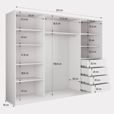 Szafa Przesuwna TARI 270 cm z Lustrem Szafa Trzydrzwiowa z Szufladami