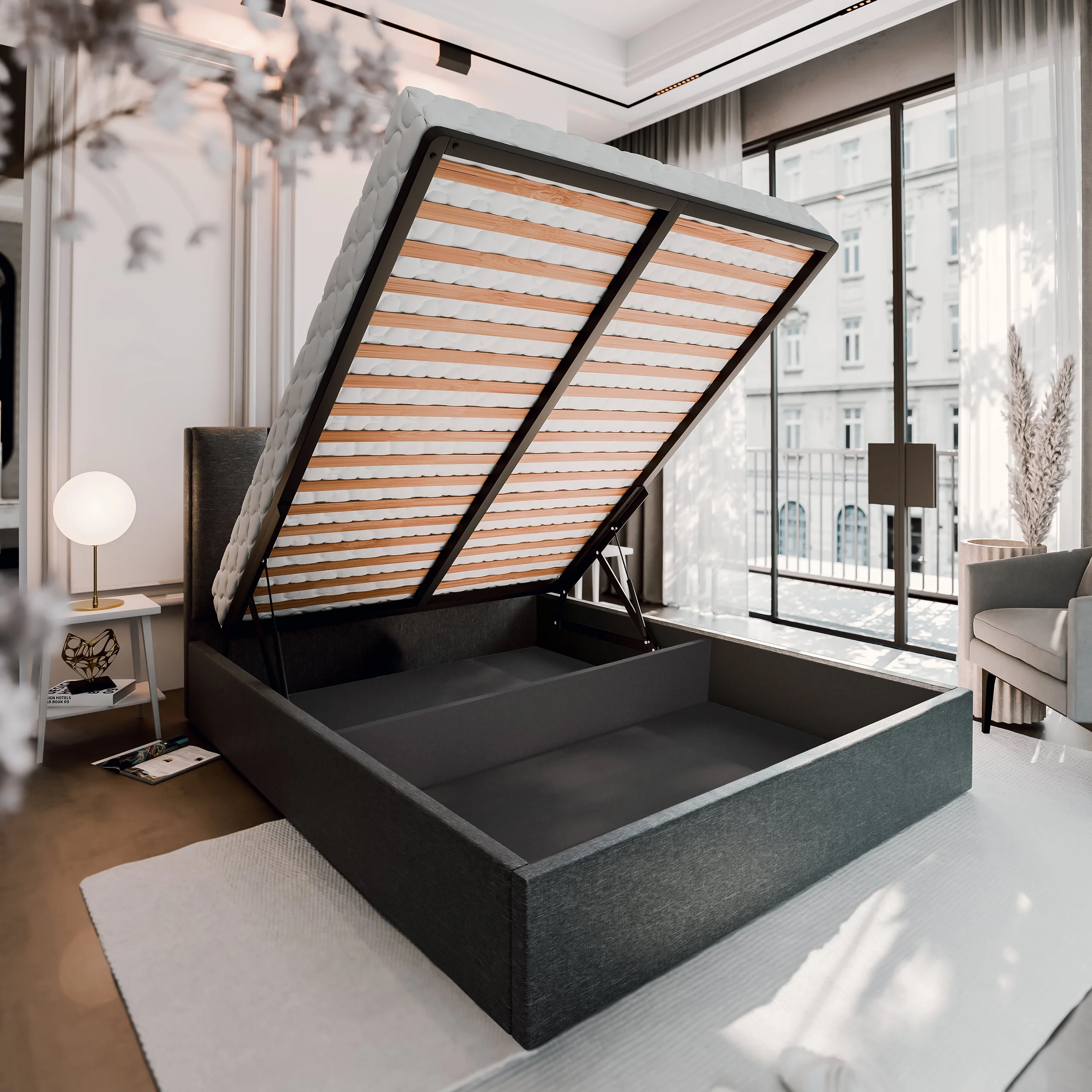 Łóżko tapicerowane LURE - widok na pojemniki