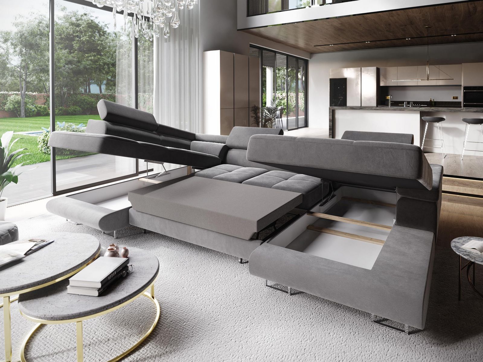 Narożnik CASONE w kształcie "U" - prezentacja funkcji spania oraz pojemników