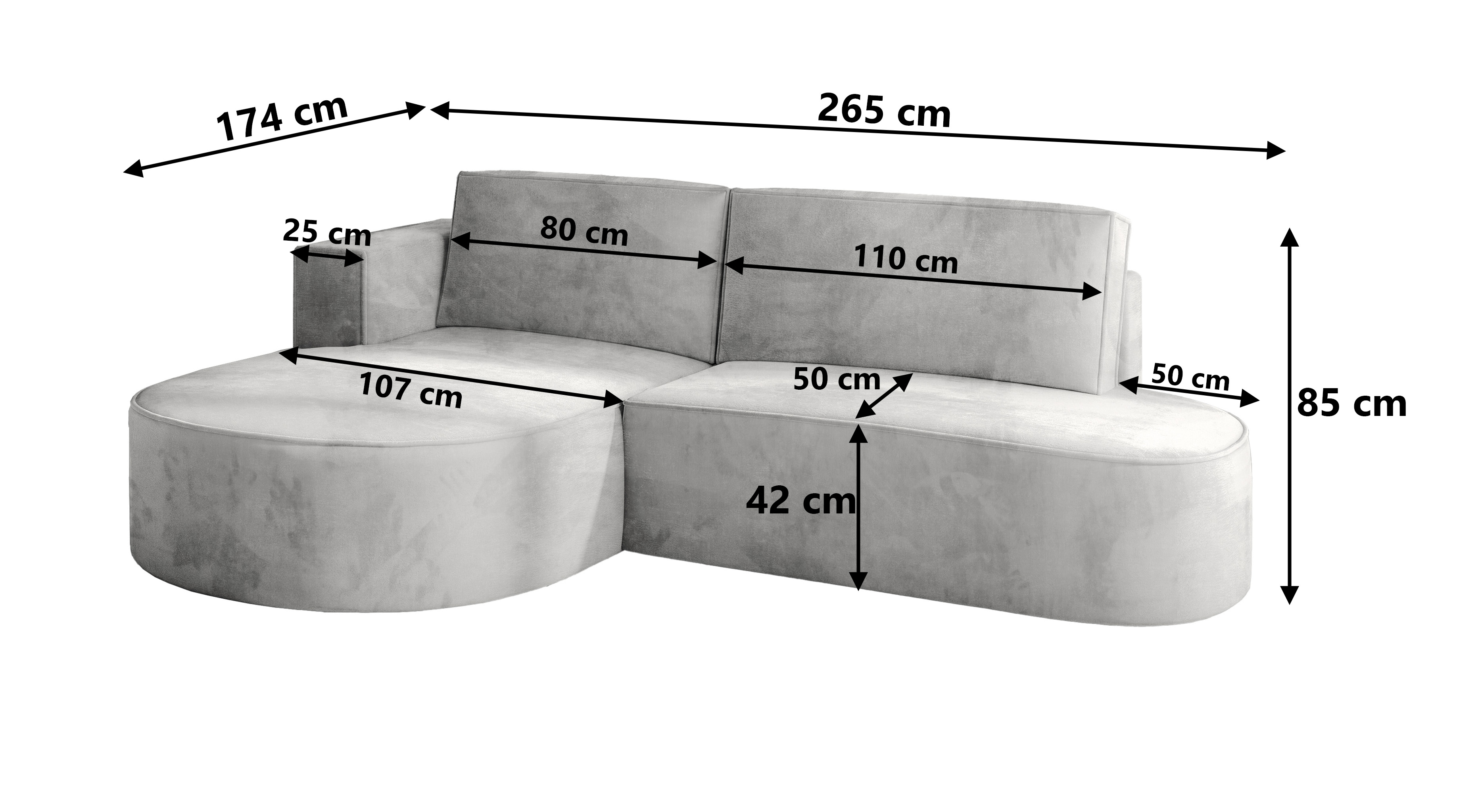 Wymiary narożnika CORTIO w tkaninie MONOLITH welur Wymiary narożnika CORTIO w tkaninie MONOLITH welur