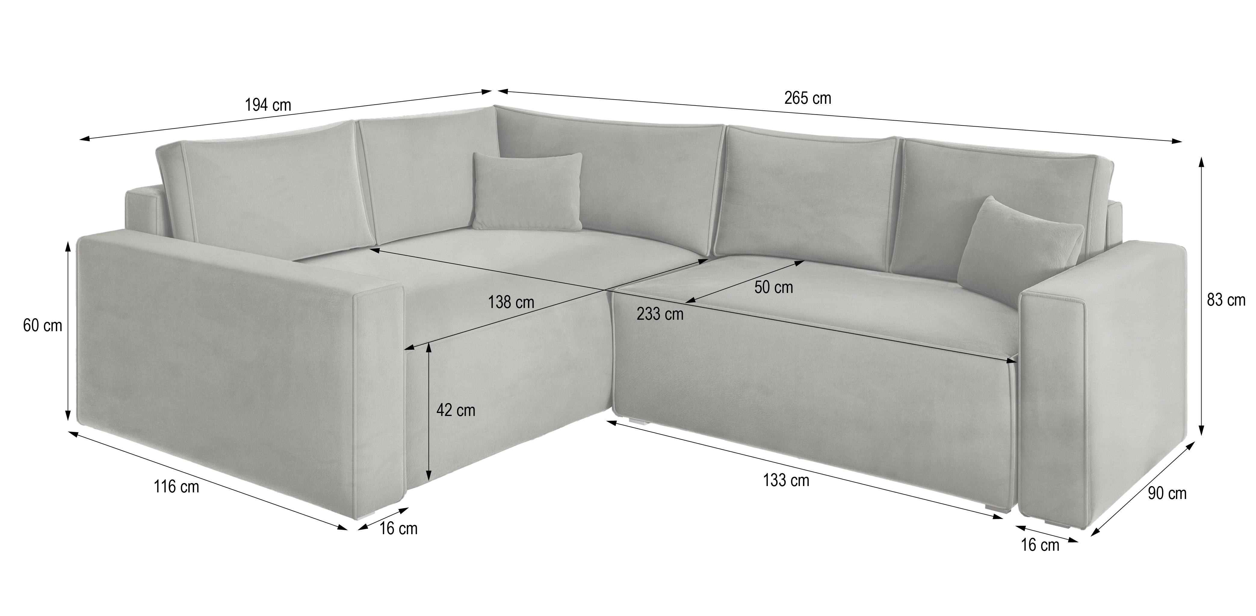 Wymiary narożnika ERONIS Wymiary narożnika ERONIS