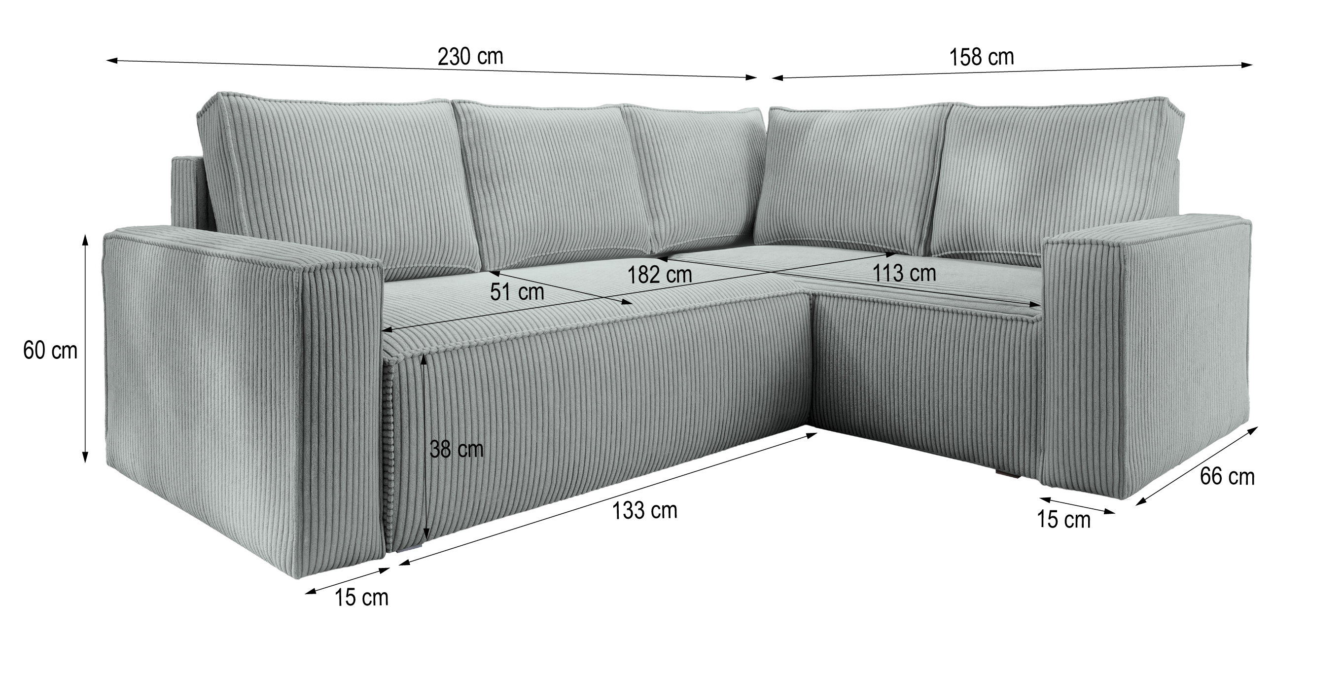 Wymiary narożnika ESTANO w tkaninie POSO sztruks