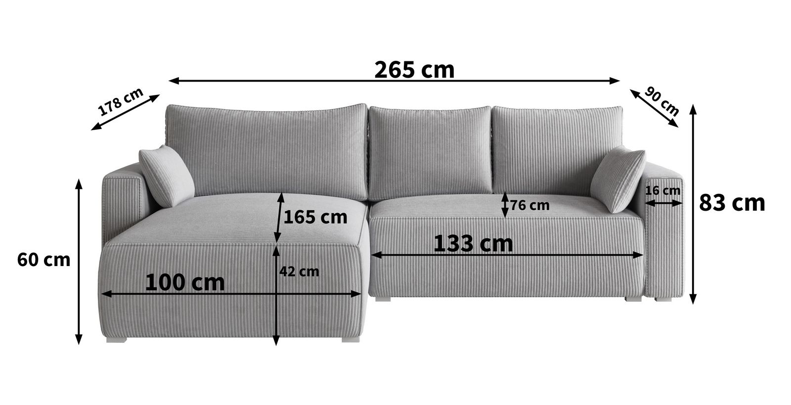 Wymiary narożnika FORIL w tkaninie POSO sztruks