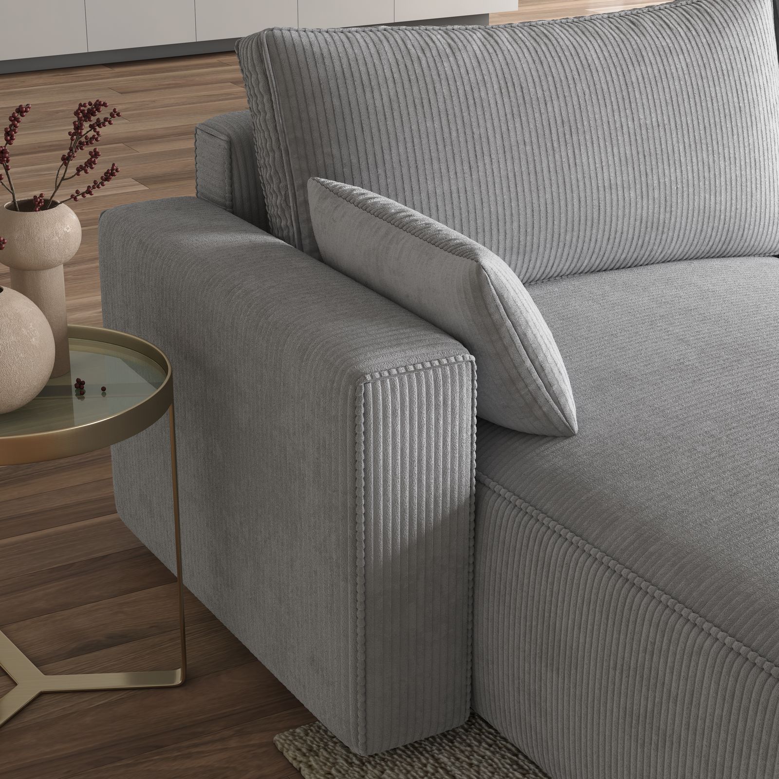 Zbliżenie na detale w narożniku FORIL w sztruksowej tkaninie POSO