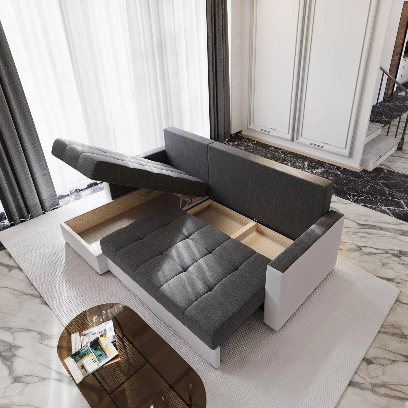 Narożnik LIMO w tkaninie sawana i madryt, aranżacja małych przestrzeni