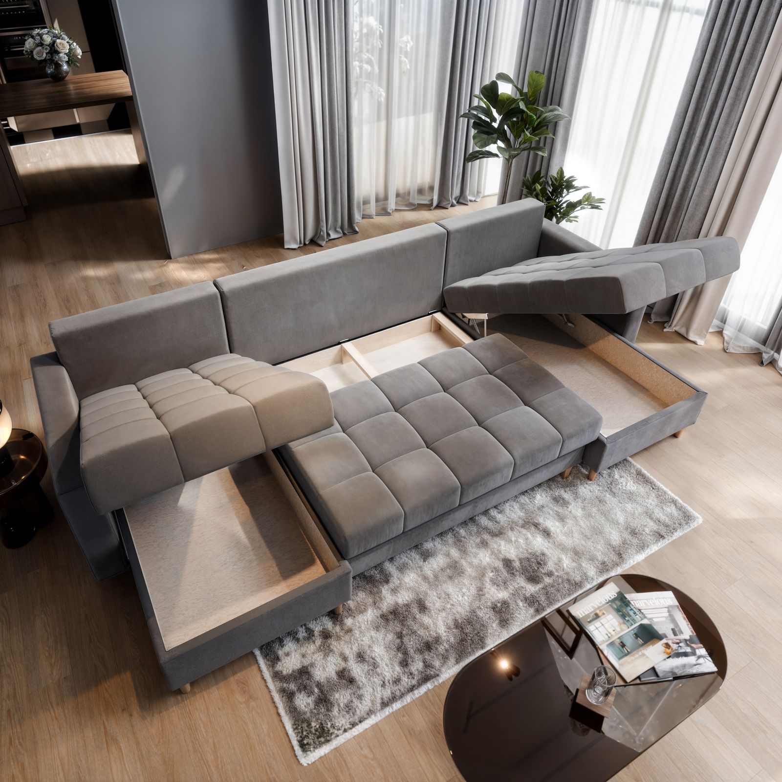 Pojemnik na pościel pod siedziskiem oraz dodatkowe pojemniki w narożniku MILO U Pojemnik na pościel pod siedziskiem oraz dodatkowe pojemniki w narożniku MILO U