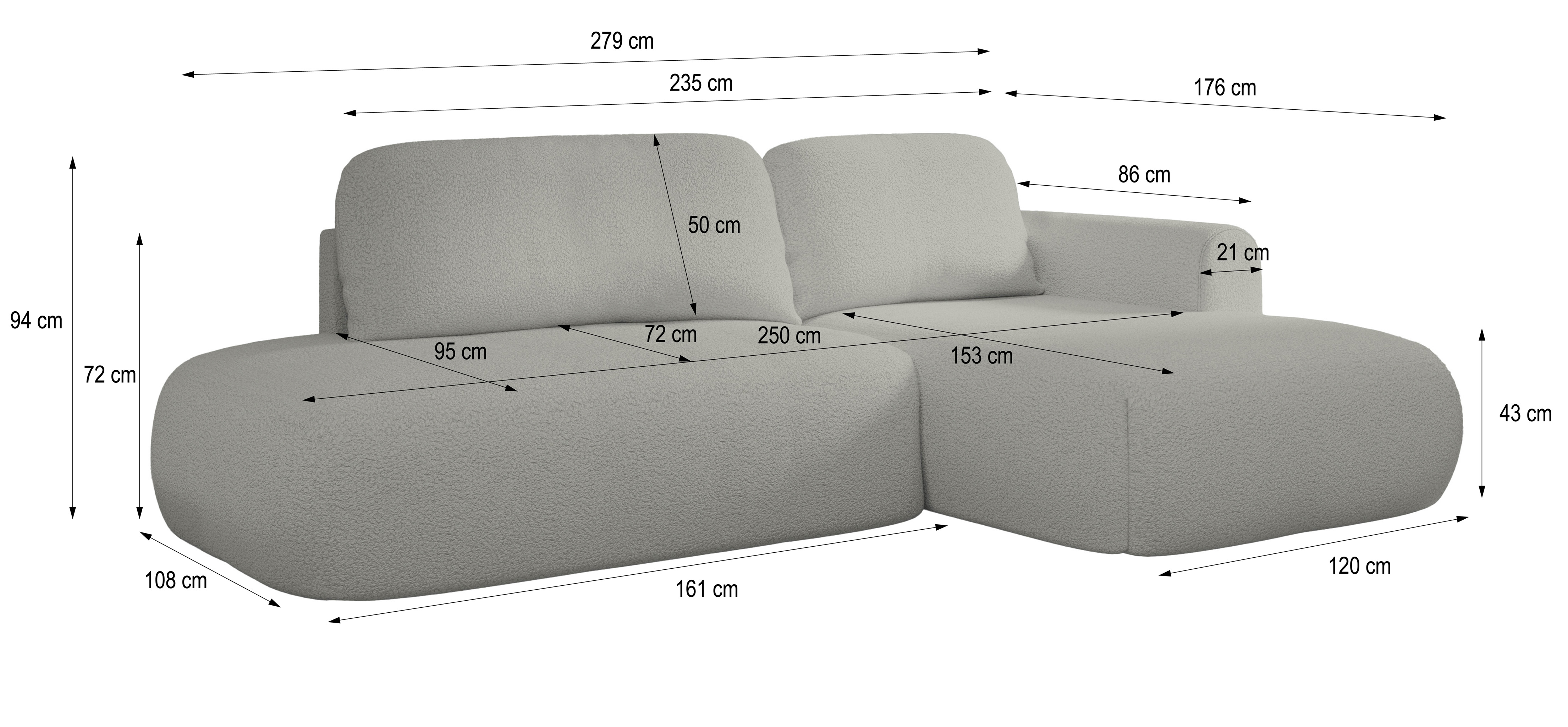 Wymiary narożnika NUVIRA w tkaninie QULLE baranek
