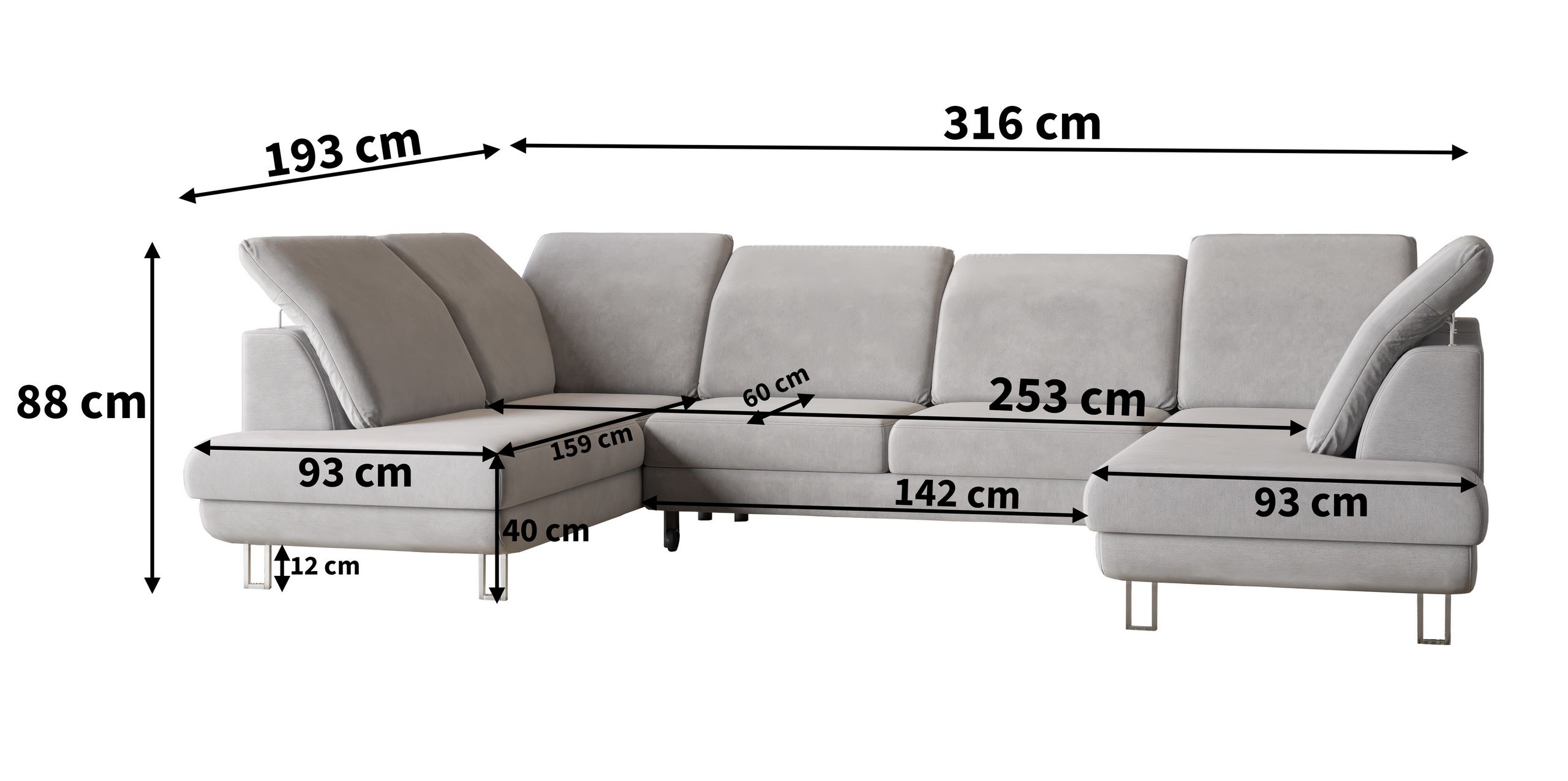 Wymiary narożnika U-kształtnego TERAMO