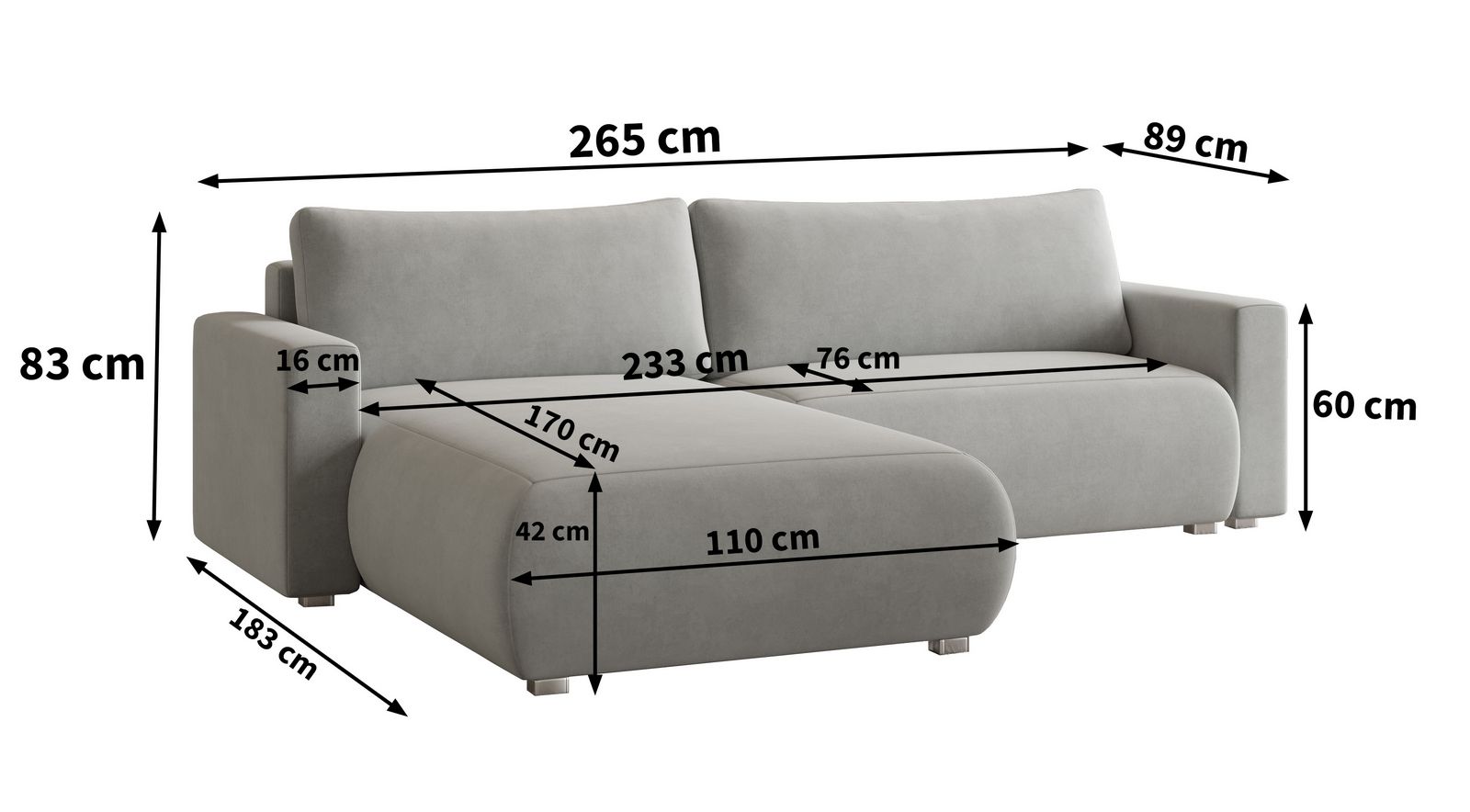 Wymiary narożnika TURIN w tkaninie MONOLITH welur Wymiary narożnika TURIN w tkaninie MONOLITH welur