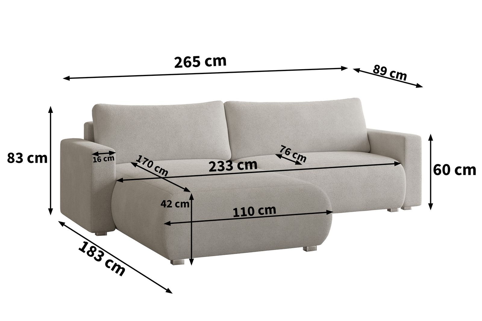 Wymiary narożnika TURIN w tkaninie NOW OR NEVER - poliester z recyklingu