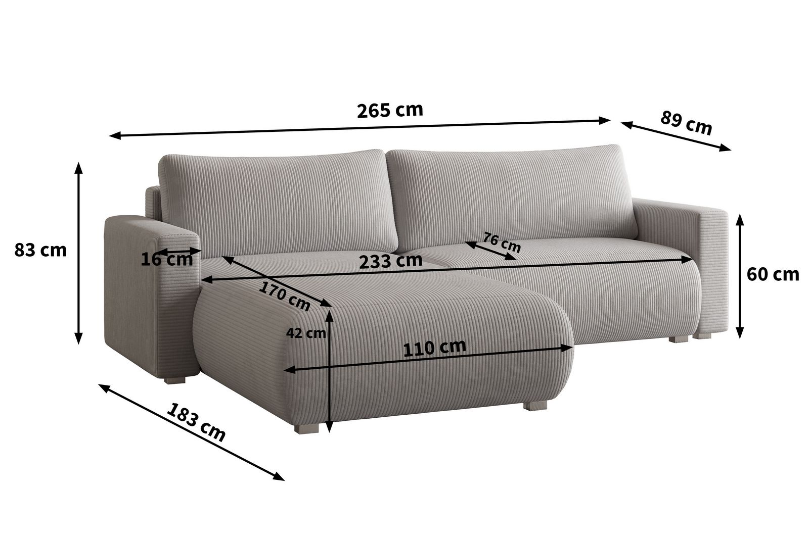 Wymiary narożnika TURIN w tkaninie POSO sztruks