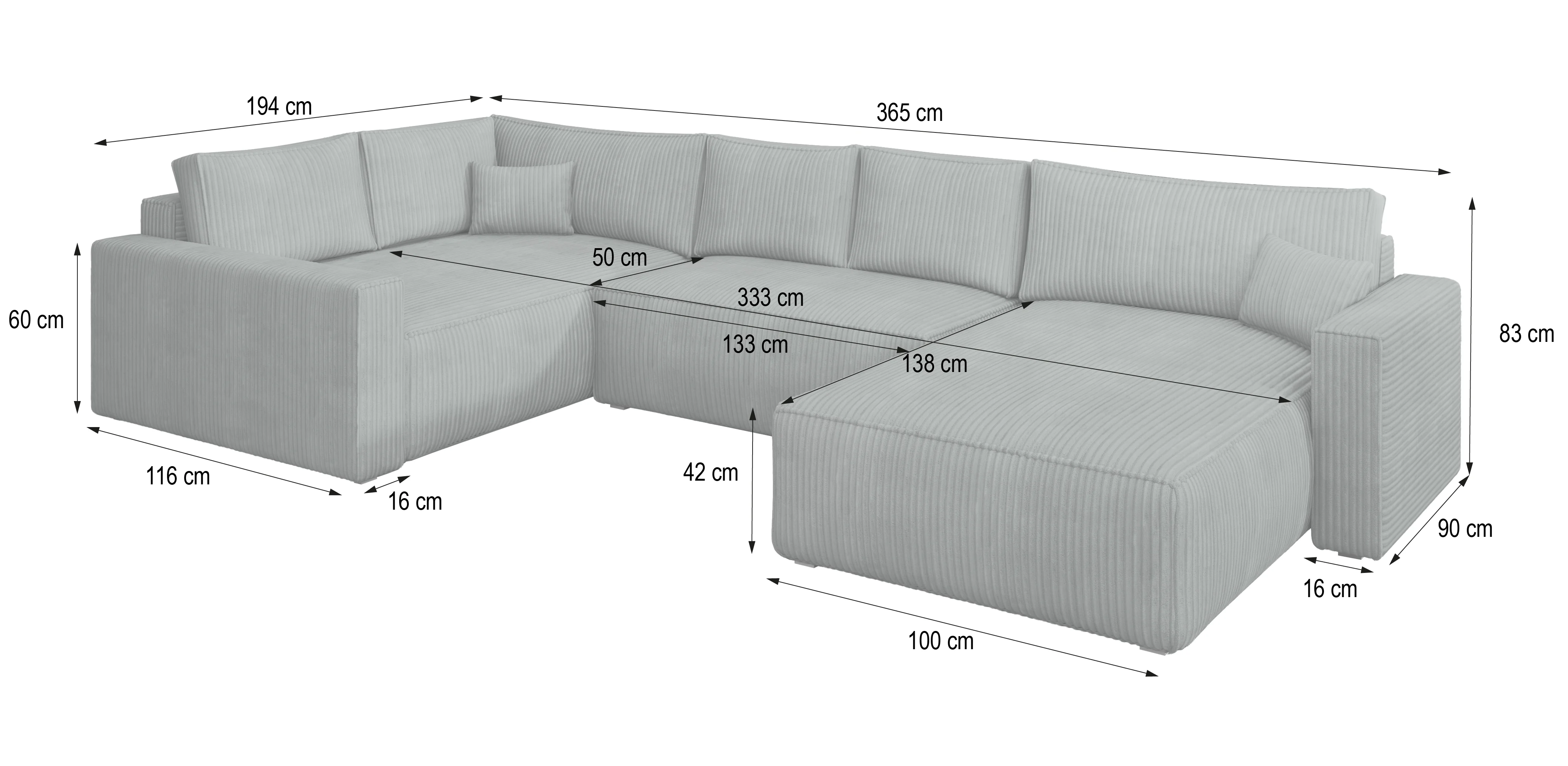 Wymiary narożnika VELAMI Wymiary narożnika VELAMI