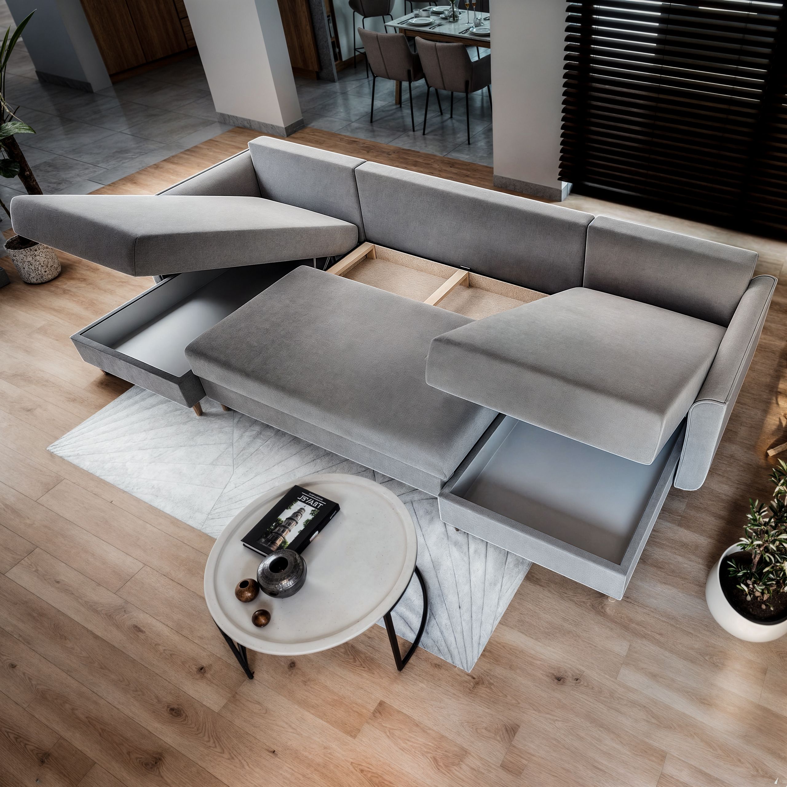 Pojemnik na pościel pod siedziskiem oraz dodatkowe pojemniki w narożniku VERNI Pojemnik na pościel pod siedziskiem oraz dodatkowe pojemniki w narożniku VERNI